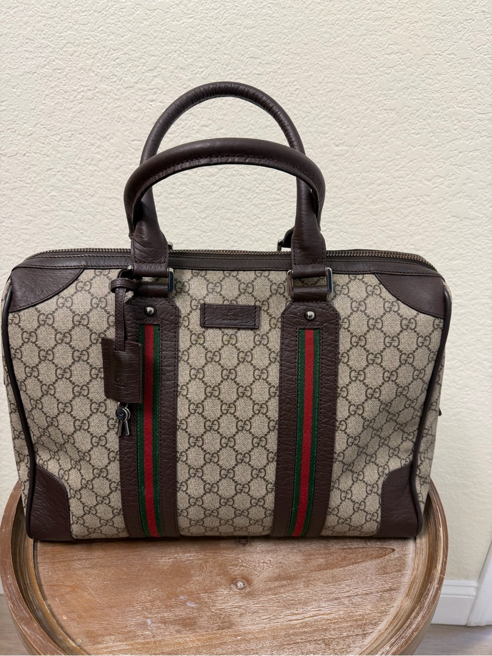 Gucci Beige GG Canvas Travel/Briefcase with Brown Leather and Green-Red Web